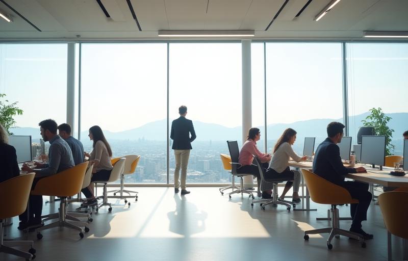 Modern, bright office space overlooking Zurich with people collaborating, symbolizing career growth and collaboration.