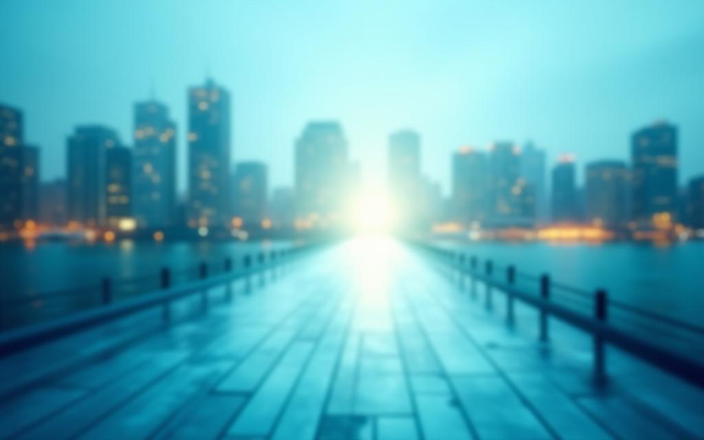 Abstract image representing a clear career path with a guiding light overlayed on a blurred image of Zurich cityscape.