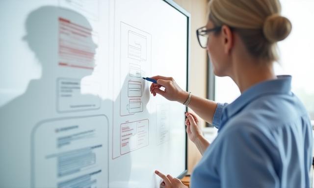 Two people discussing career steps on a whiteboard filled with notes and diagrams during a coaching session.