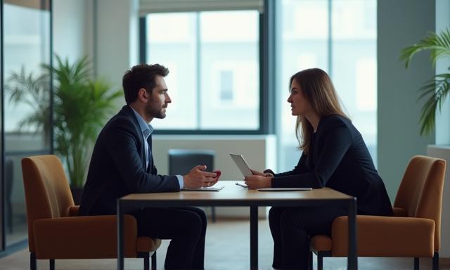 Coach conducting a realistic mock interview session with a client in an office setting.