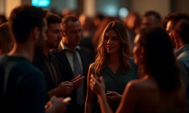 Diverse group of professionals networking and exchanging business cards at a busy event.