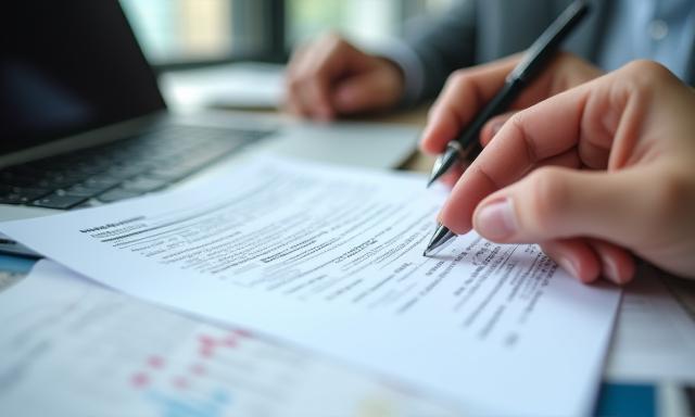 Close-up of a person reviewing a resume and cover letter on a laptop, highlighting key sections.