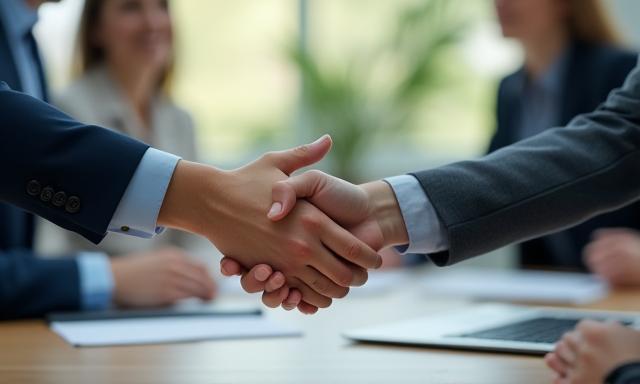 Two colleagues shaking hands across a table, symbolizing a successful salary negotiation.